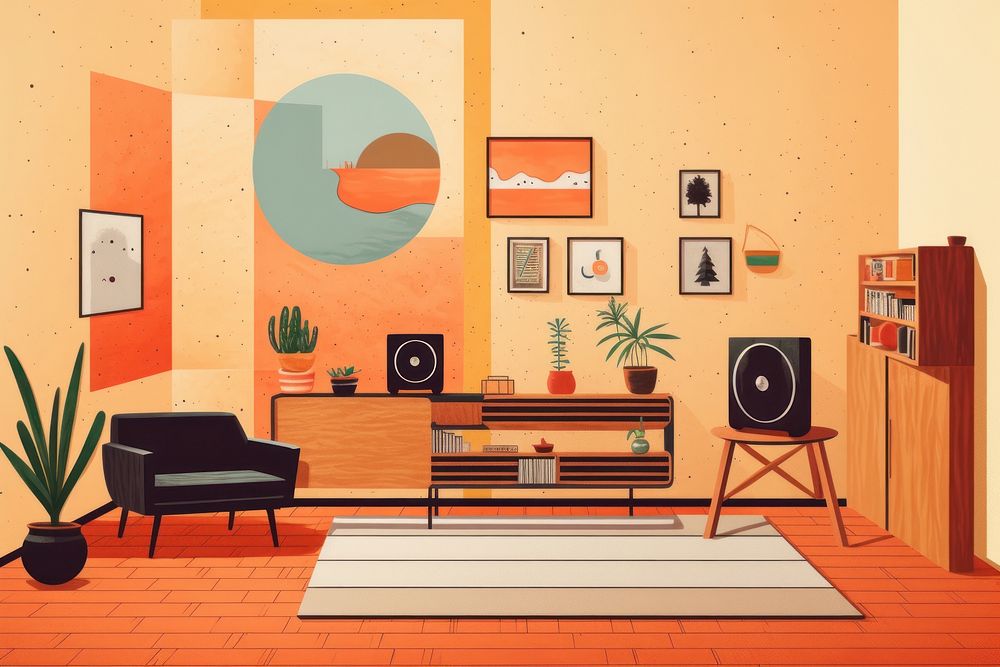 Living room architecture furniture cartoon. AI generated Image by rawpixel.