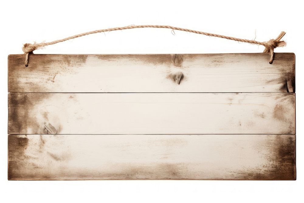 A white Rectangular wooden signboard backgrounds weathered rope. 