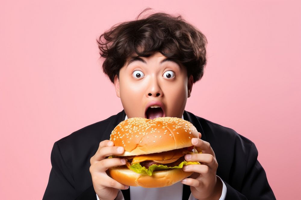 Chinese teenage guy hamburger holding eating. AI generated Image by rawpixel.