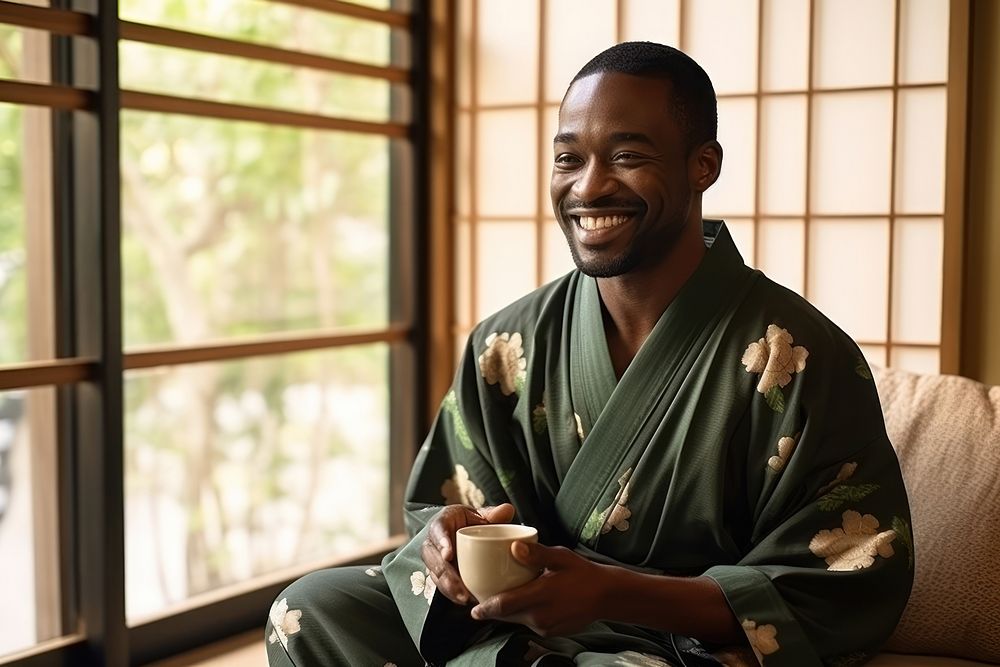 Japanese sitting coffee smile. 