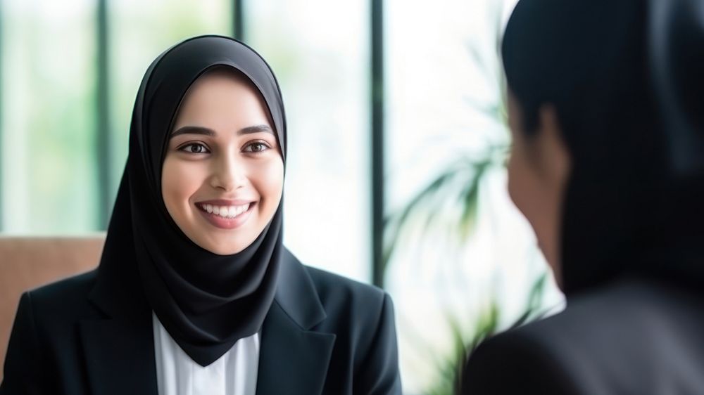 Muslim senior female lawyer togetherness headscarf happiness. 