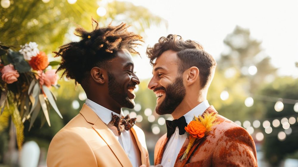 Gay couple newlywed dancing together wedding adult togetherness. AI generated Image by rawpixel.