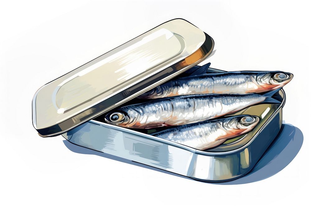 Tinned sardine fish white background freshness. 