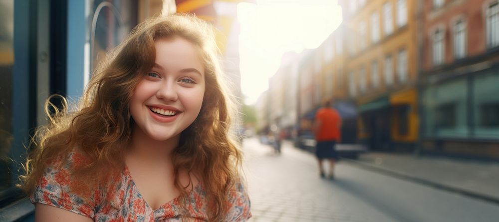 Chubby teen girl portrait smile street. AI generated Image by rawpixel.