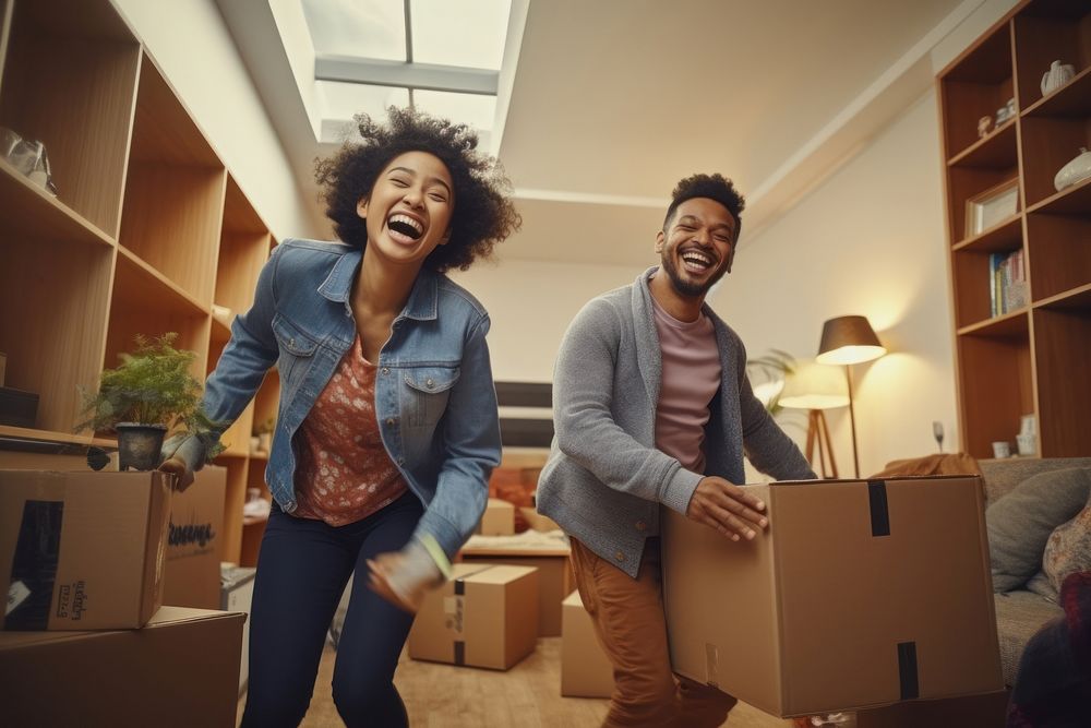 Moving house cardboard laughing adult. AI generated Image by rawpixel.