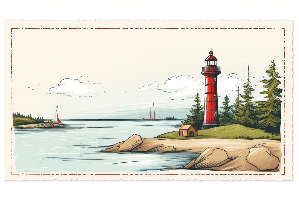Stamped postcard lighthouse drawing tower. AI generated Image by rawpixel.