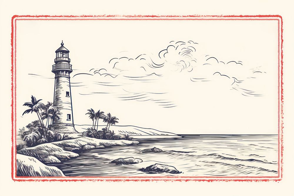 Stamped postcard architecture lighthouse drawing. AI generated Image by rawpixel.