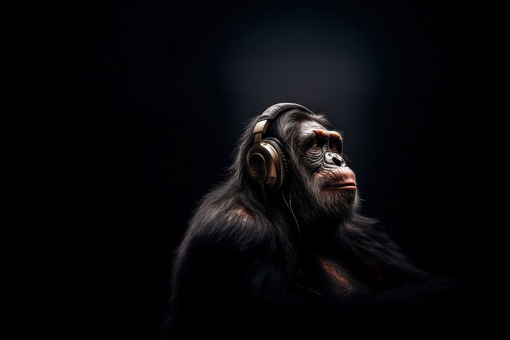 Chimpanzee headphones wildlife mammal. AI generated Image by rawpixel.