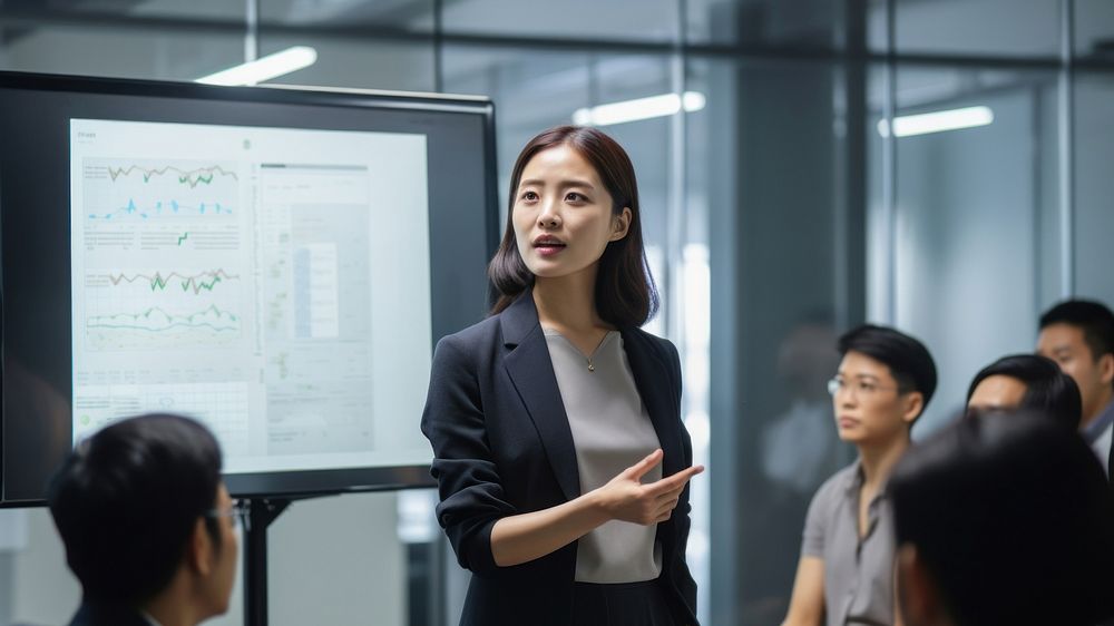 Asian office worker screen standing meeting. AI generated Image by rawpixel.