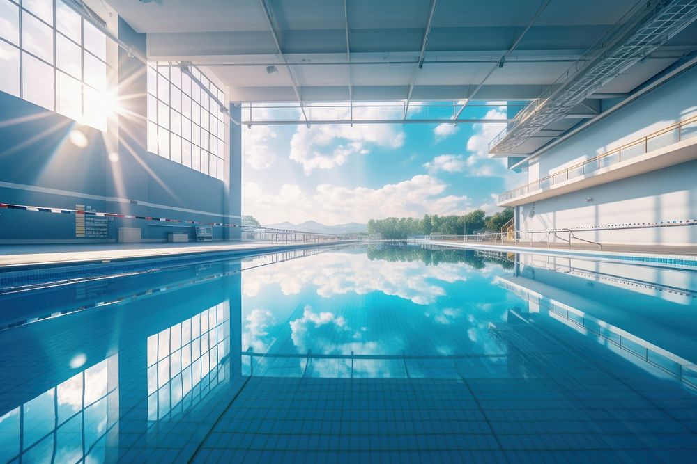 Swimming pool indoor stadium outdoors sports sky. AI generated Image by rawpixel.