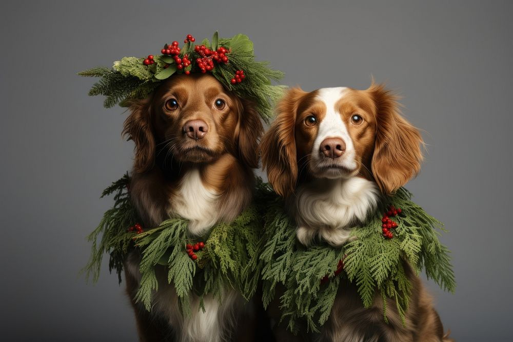 Dogs wearing a Christmas wreath christmas portrait mammal. AI generated Image by rawpixel.