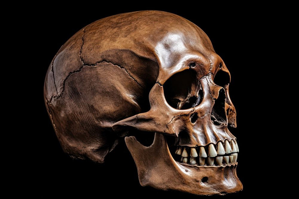 Black background anthropology human skull sculpture. AI generated Image by rawpixel.