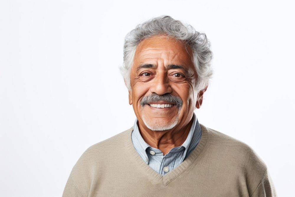 Senior hispanic man adult smile white background. AI generated Image by rawpixel.