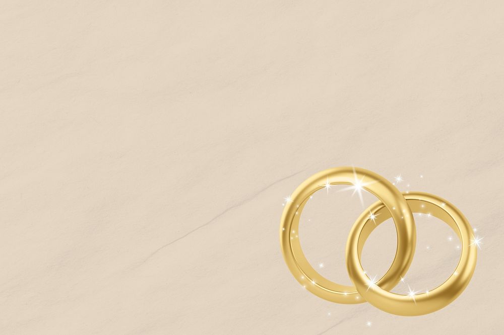 Gold wedding rings background, 3D sparkly jewelry illustration