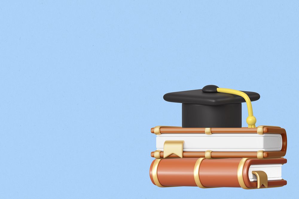 Graduation cap background, book stack, 3D education remix