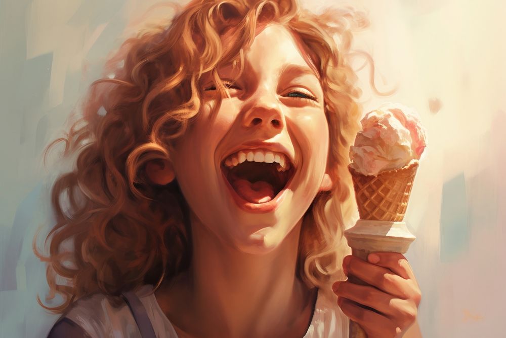 Girl laughing holding dessert. AI generated Image by rawpixel.