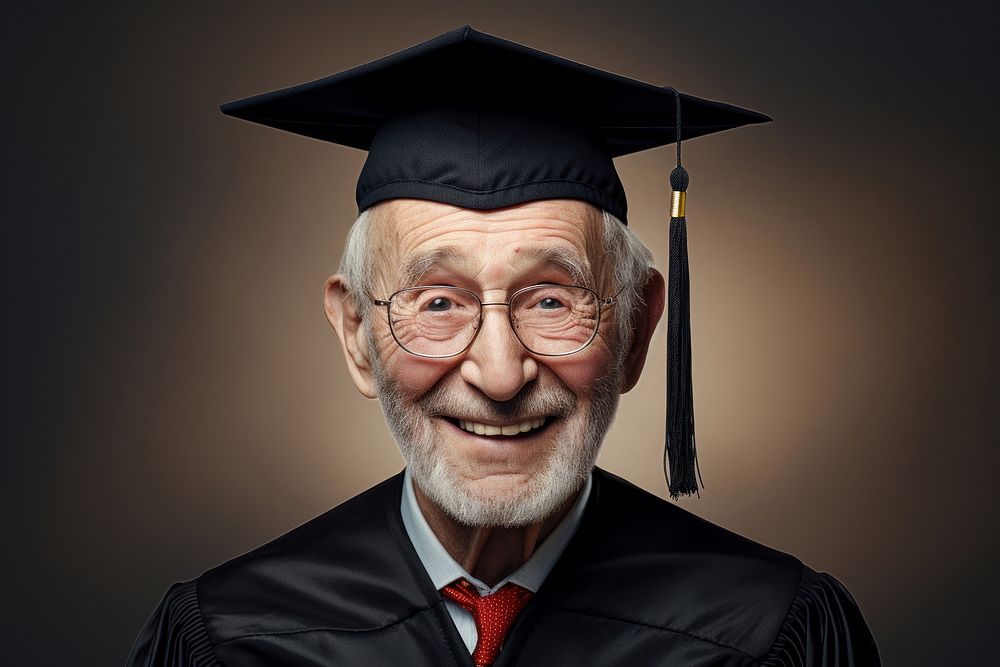 Happy old man wearing graduation gown ad hat portrait glasses adult. AI generated Image by rawpixel.