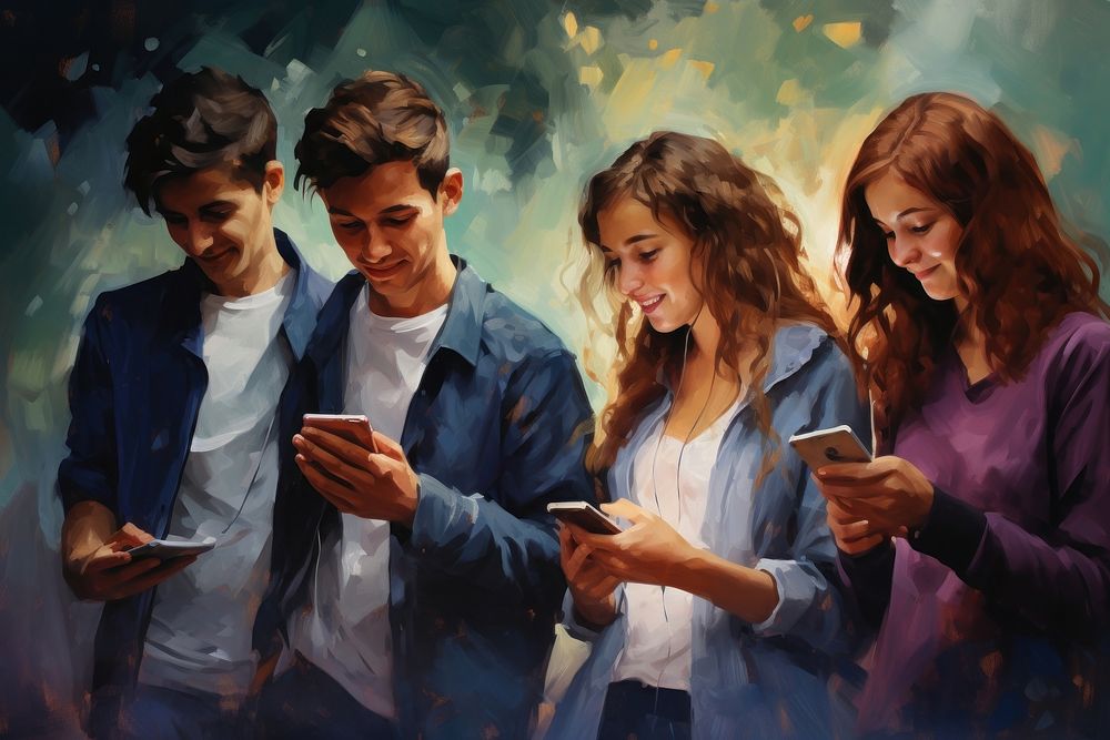 Young people using mobile smartphone painting adult togetherness. 