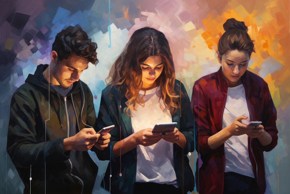 Young people using mobile smartphone painting adult togetherness. 