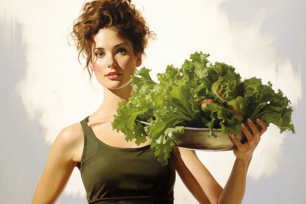 Young woman holding salad vegetable portrait lettuce. AI generated Image by rawpixel.