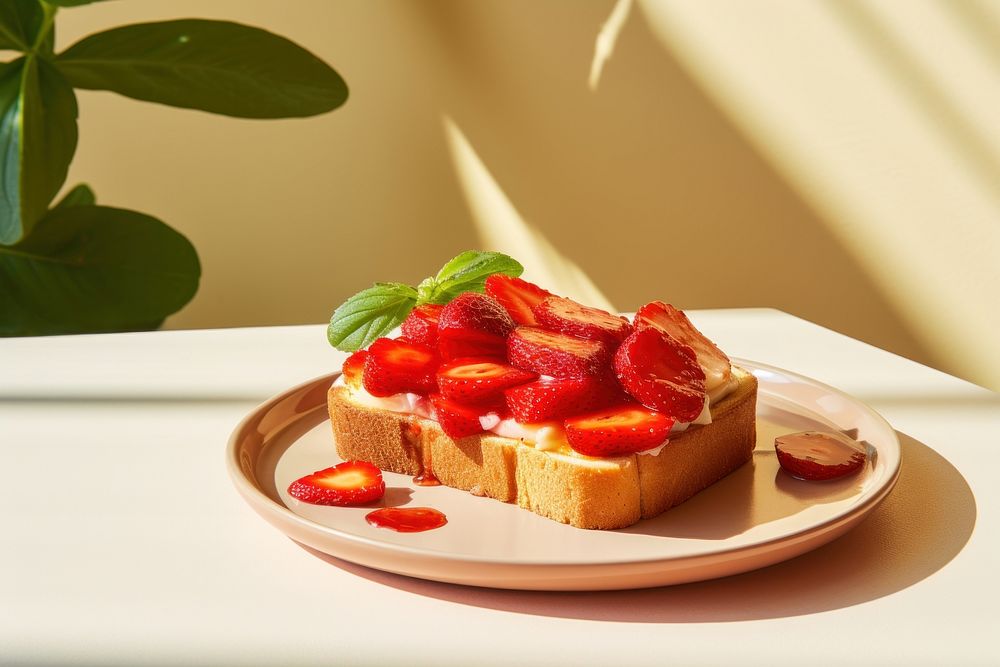 Strawberry toast plate dessert fruit. AI generated Image by rawpixel.