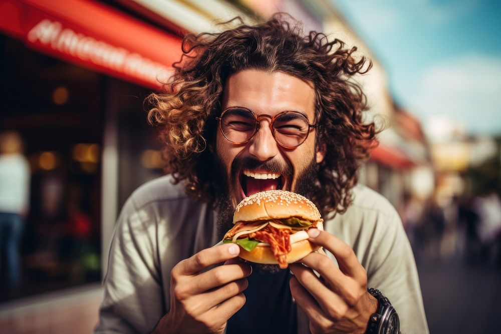 Outdoors biting eating burger. AI generated Image by rawpixel.