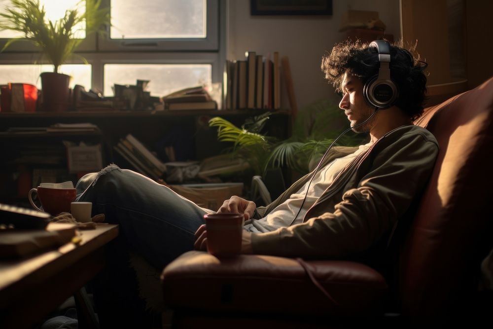 Man listening Music headphones furniture sitting. AI generated Image by rawpixel.