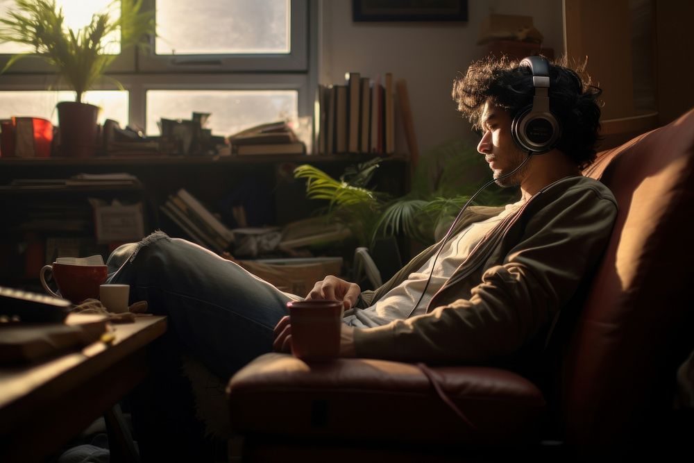 Man listening Music headphones furniture sitting. 