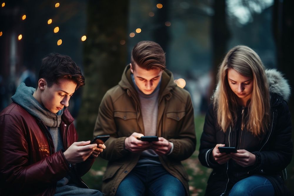 Young people using mobile smartphone outdoors adult togetherness. AI generated Image by rawpixel.