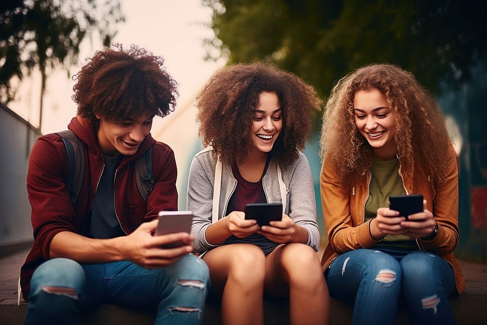 Young people using mobile smartphone laughing outdoors adult. 