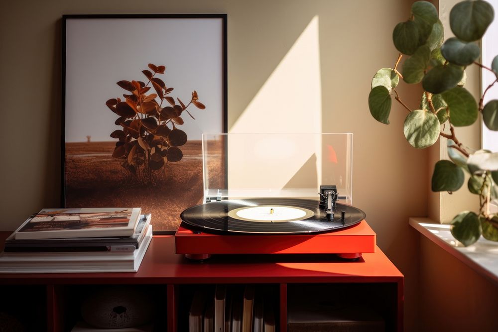 Play Vinyl table plant room. AI generated Image by rawpixel.