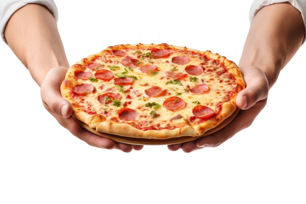 Hands holding pizza food white background pepperoni. AI generated Image by rawpixel.
