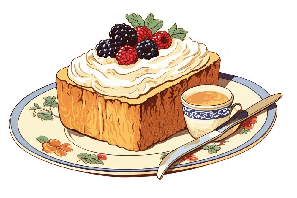 Golden wheat brick shaped bread bread cream plate dessert. AI generated Image by rawpixel.