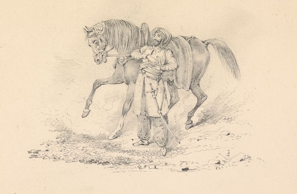 Turbaned Cavalryman Standing Beside a Horse