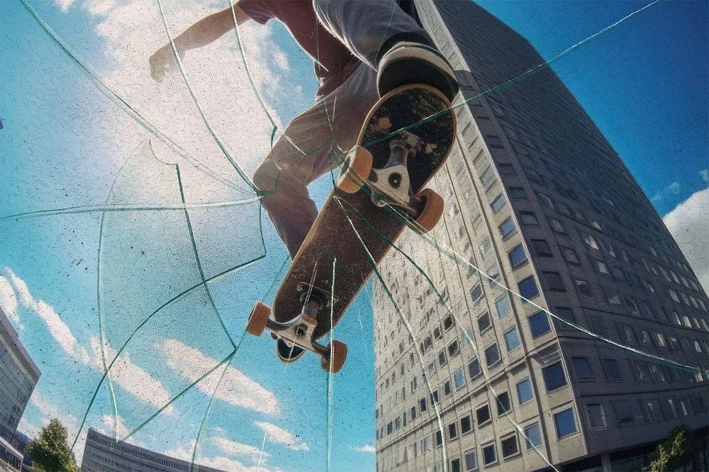 Broken glass under skateboarder