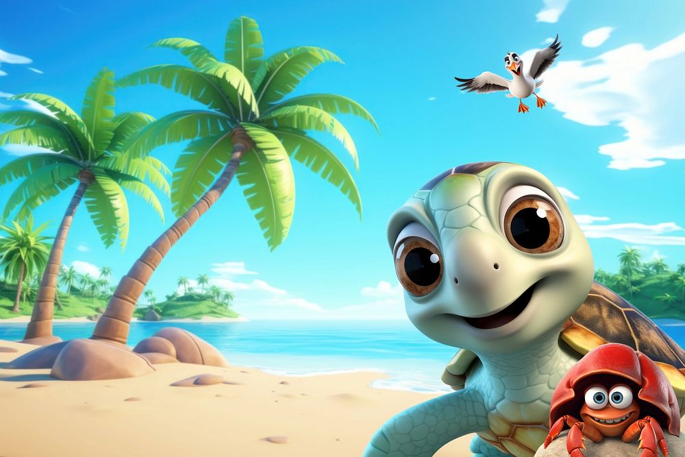 3D cute sea turtle by the beach remix