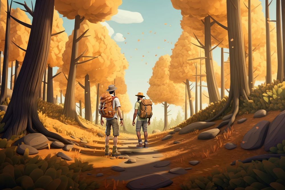 3D backpackers walking through the woods remix