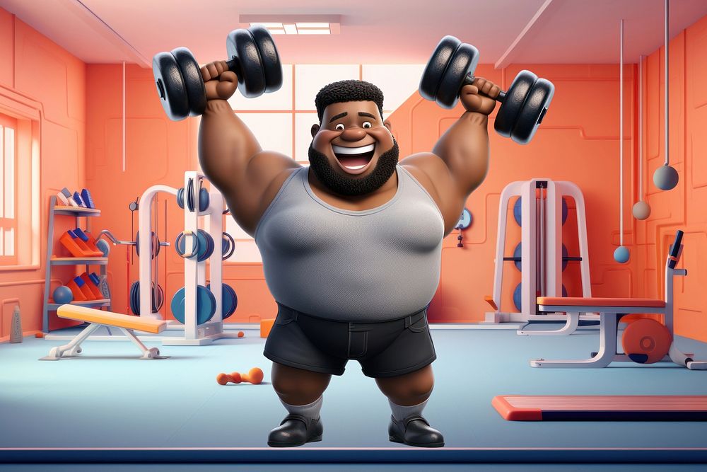 3D chubby man lifting dumbbells, fitness remix