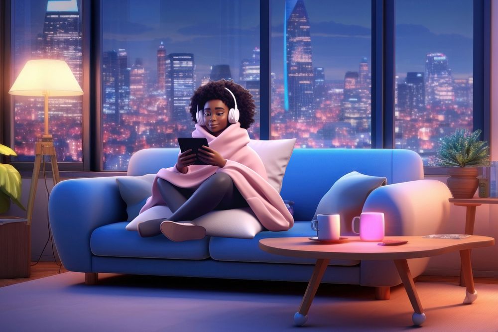 3D cozy woman chilling at home remix