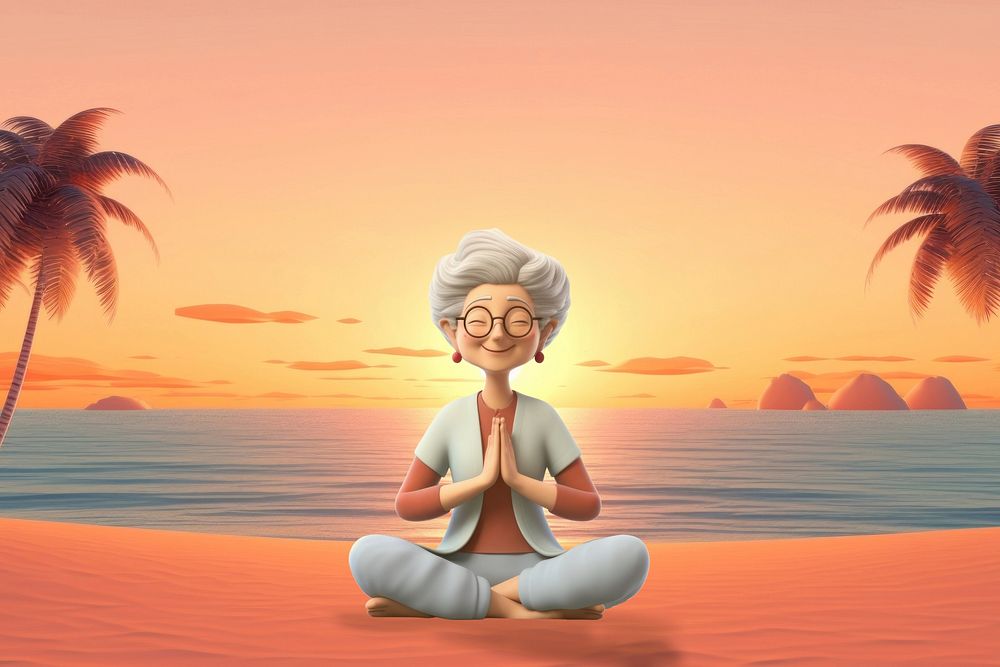 3D old woman meditating, sunset beach remix