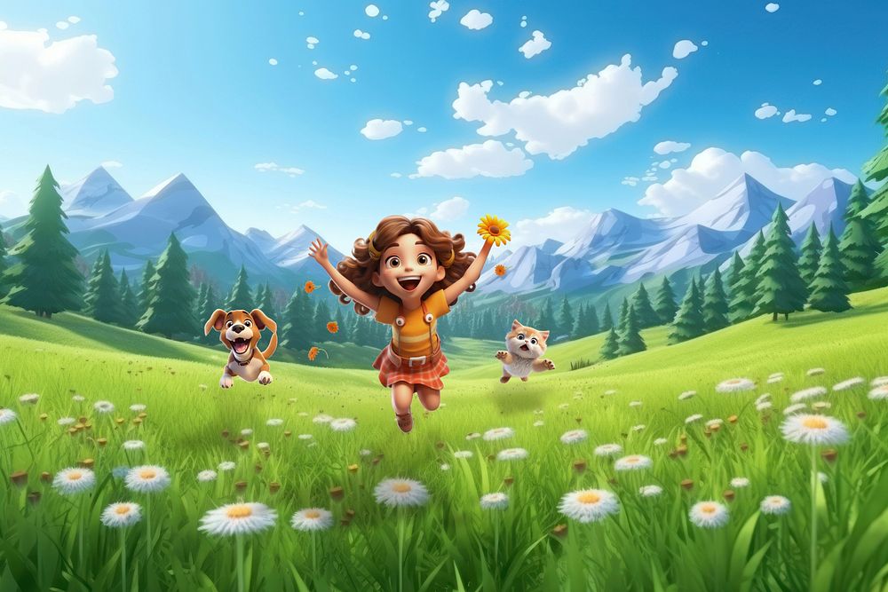 3D little girl & pet running through flower field remix