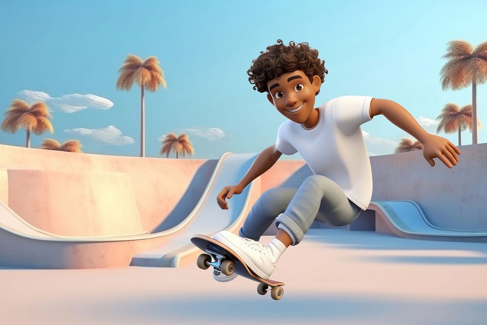 3D teenage boy riding skateboard remix