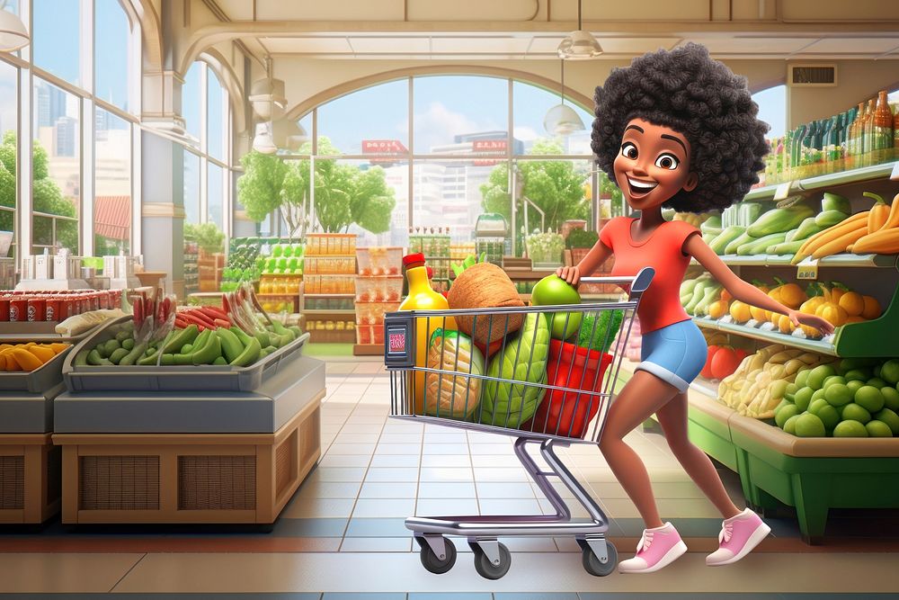 3D woman shopping at supermarket remix