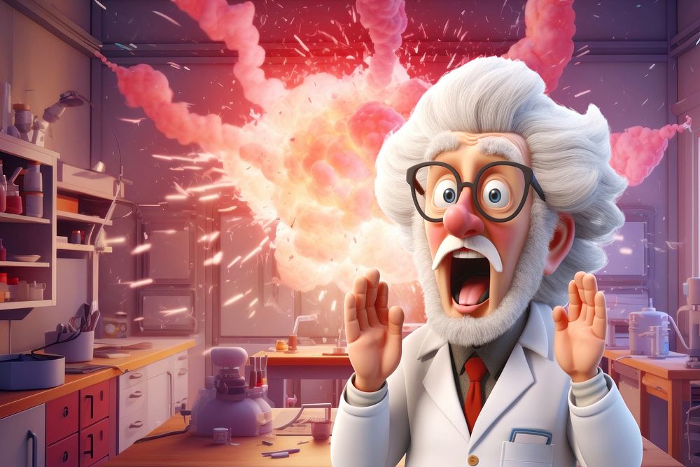 3D scientist screaming, laboratory explosion remix