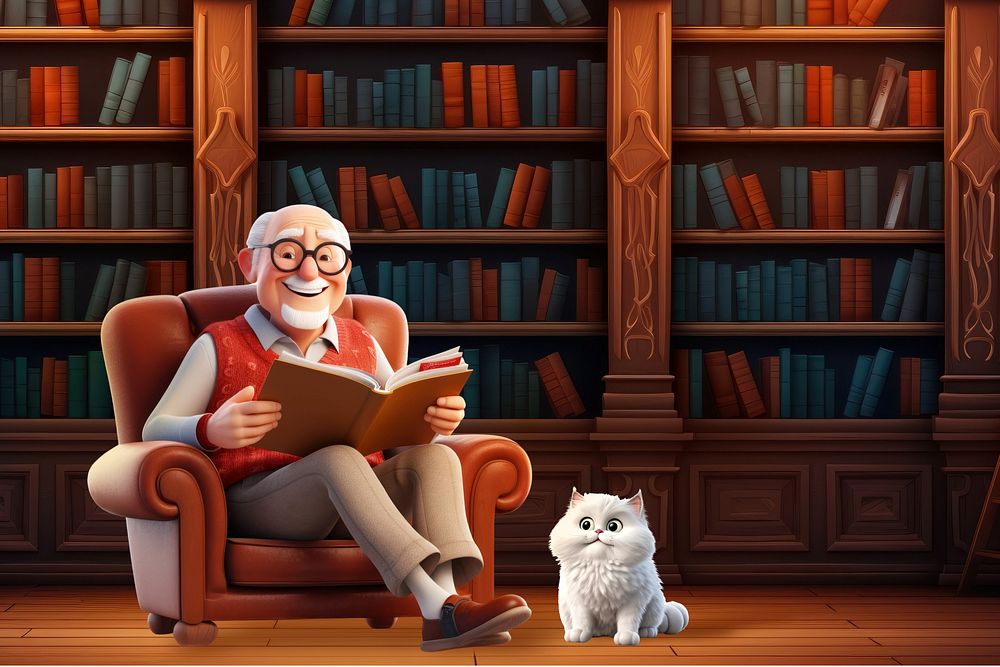 3D old man reading in library remix