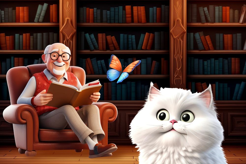 3D old man reading in library remix
