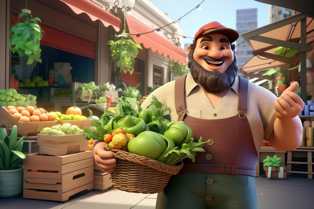 3D farmer holding vegetables basket remix
