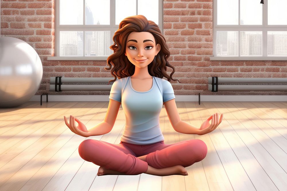 3D yoga woman meditating pose, wellness remix