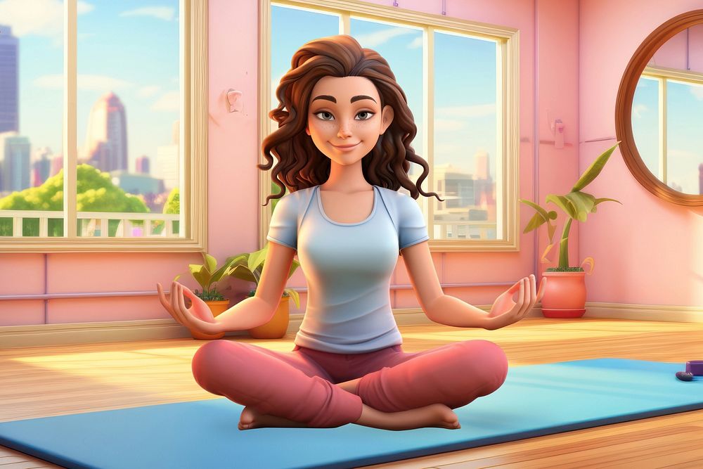 3D yoga woman meditating pose, wellness remix
