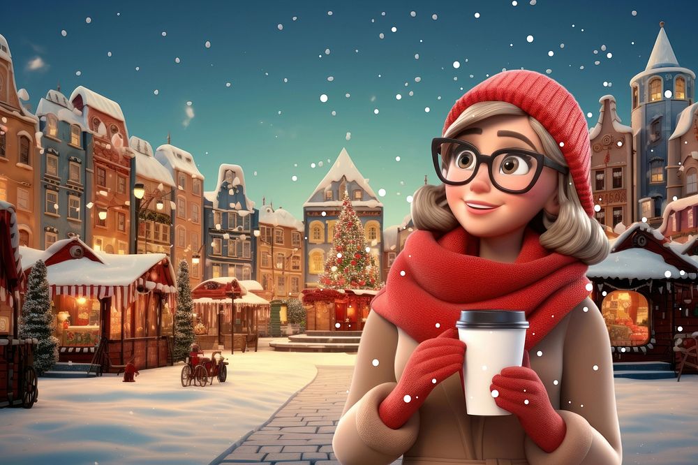 3D woman drinking coffee on snowing day remix